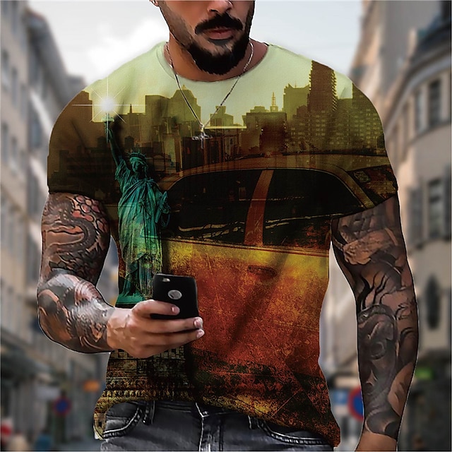 

Men's Unisex T shirt 3D Print Graphic Prints Spacecraft Building Crew Neck Street Daily Print Short Sleeve Tops Casual Designer Big and Tall Sports Green Gray Red