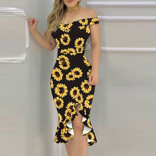 

Women's Bodycon Short Mini Dress Black Pink Fuchsia Rainbow Red Yellow Short Sleeve Floral Backless Ruffle Print Spring Summer Off Shoulder Elegant Modern 2022 S M L XL XXL