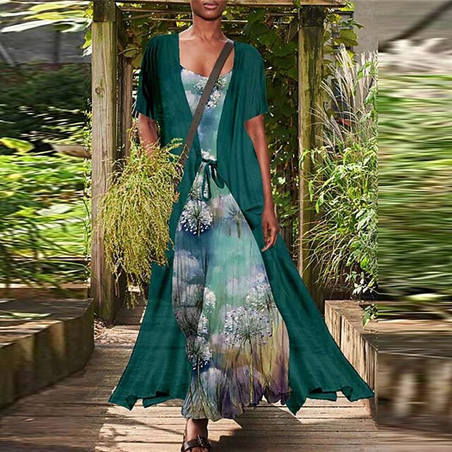 Womens Clothing Womens Dresses | Womens A Line Dress Maxi long Dress Green Black Purple Wine Red Short Sleeve Floral Print Sprin