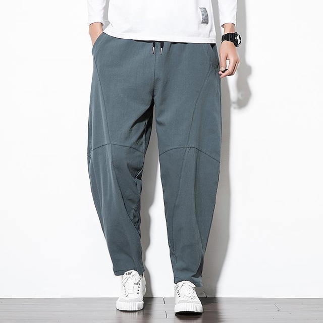 Mens Linen Cotton Trousers Summer Loose Lightweight Casual Comfy Lace Up Pants 