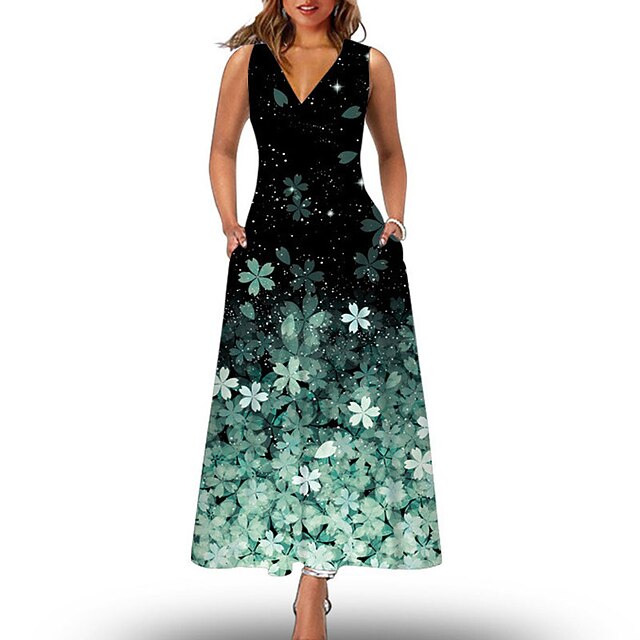

Women's A Line Dress Maxi long Dress Green Blue Gray Pink Light Green Sleeveless Floral Pocket Print Spring Summer V Neck Elegant Vacation 2022 S M L XL XXL 3XL 4XL