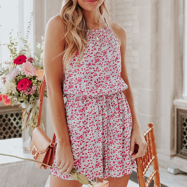 

Women's Romper Print Floral Halter Neck Casual Daily Vacation Regular Fit Sleeveless Pink S M L Spring