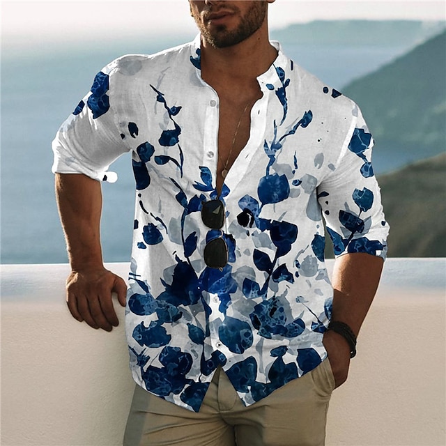 

Men's Shirt 3D Print Floral Stand Collar Casual Daily Button-Down Print Long Sleeve Tops Casual Fashion Designer Comfortable Blue