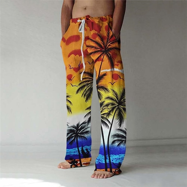  Men's Trousers Summer Pants Baggy Beach Pants Elastic Drawstring Design Front Pocket Straight Leg Coconut Tree Graphic Prints Comfort Soft Casual Daily For Vacation Linen Like Fabric Fashion Hawaiian