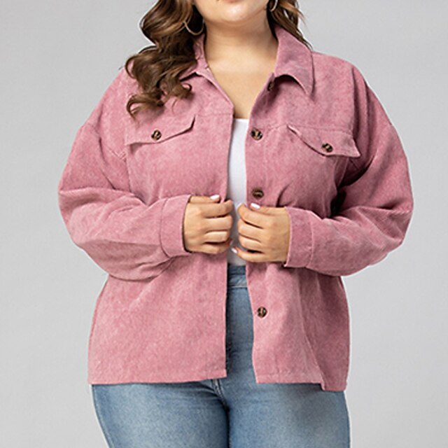 

Women's Plus Size Jacket Pocket Button Plain Causal Date Long Sleeve Shirt Collar Regular Fall Spring Pink L XL XXL 3XL 4XL