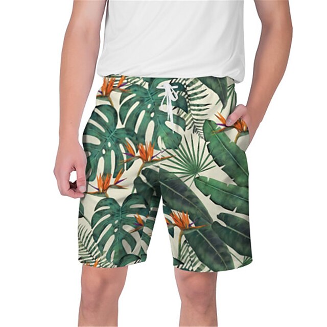  Men's Swim Trunks Swim Shorts Board Shorts Swimwear 3D Print Elastic Drawstring Design Swimsuit Comfort Breathable Soft Beach Plants Graphic Patterned Leaf Streetwear Hawaiian Big and Tall Green Pink
