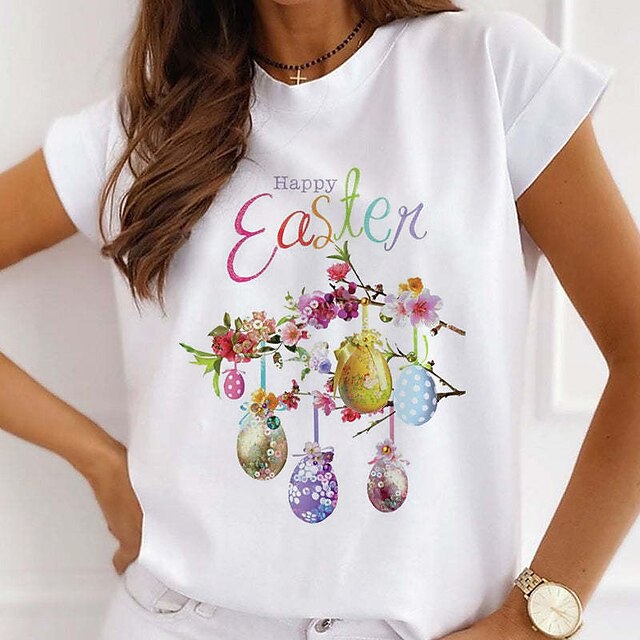 

Women's Floral Theme Happy Easter T shirt Floral Rabbit Animal Print Round Neck Basic Tops Green Blue White