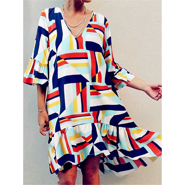 

Women's A Line Dress Knee Length Dress Blue Red Half Sleeve Geometric Ruffle Print Spring Summer V Neck Stylish Casual 2022 S M L XL XXL 3XL 4XL 5XL