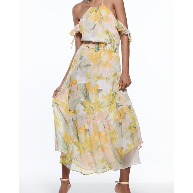 

Women's Strap Dress Midi Dress Yellow Sleeveless Floral Backless Cold Shoulder Print Spring Summer Spaghetti Strap Elegant Modern 2022 XS S M L