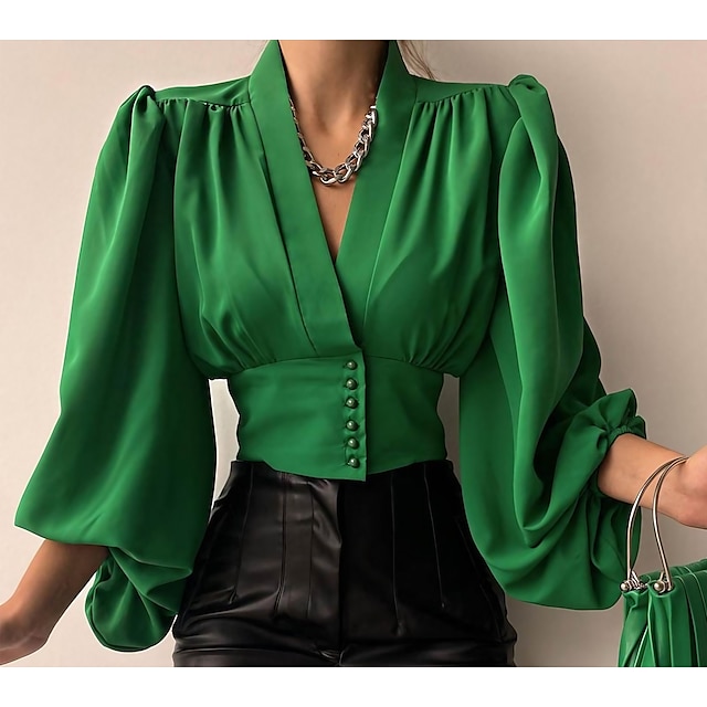  Women's Blouse Shirt Green Black Khaki Print Leopard Floral Long Sleeve V Neck Streetwear Casual Regular Floral Geometric Lantern Sleeve S