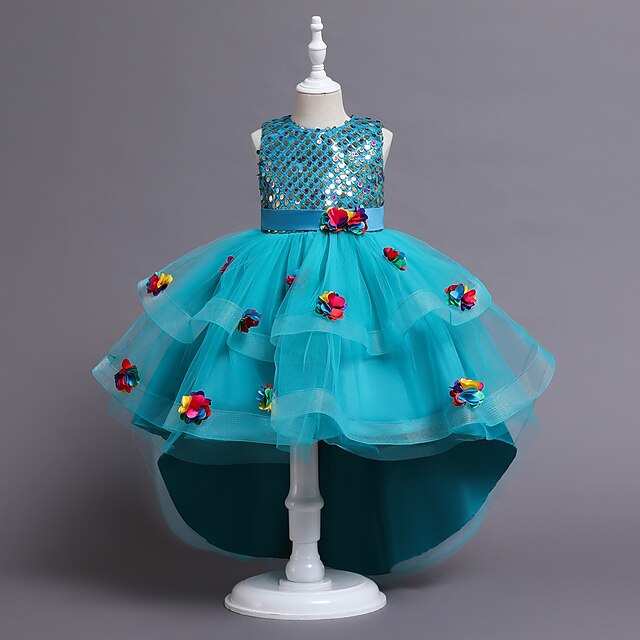 

Kids Little Girls' Dress Sequin Flower A Line Dress Party Birthday Sparkle Bow Blue Purple Pink Asymmetrical Sleeveless Elegant Princess Dresses Children's Day Fall Spring Regular Fit 1 pc 3-12 Years