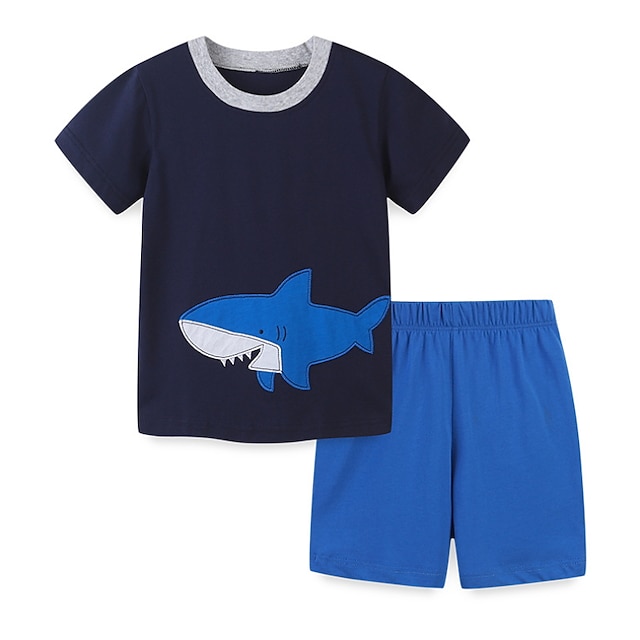 

Kids Boys T-shirt Shorts Clothing Set 2 Pieces Short Sleeve Navy Blue Cartoon Shark Animal Print Indoor Outdoor Casual Daily Regular 2-8 Years