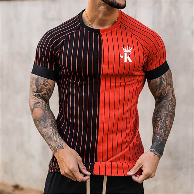 

Men's T shirt Hot Stamping Striped Patchwork Graphic Crew Neck Casual Daily Print Short Sleeve Tops Lightweight Fashion Big and Tall Sports Red