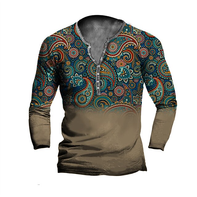 

Men's Henley Shirt T shirt 3D Print Graphic Tribal Henley Casual Daily Button-Down Print Long Sleeve Tops Casual Vintage Classic Designer Gray Khaki Brown