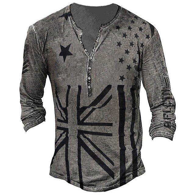 

Men's Unisex Henley Shirt T shirt 3D Print Graphic Prints National Flag Henley Street Daily Button-Down Print Long Sleeve Tops Basic Casual Fashion Retro Gray