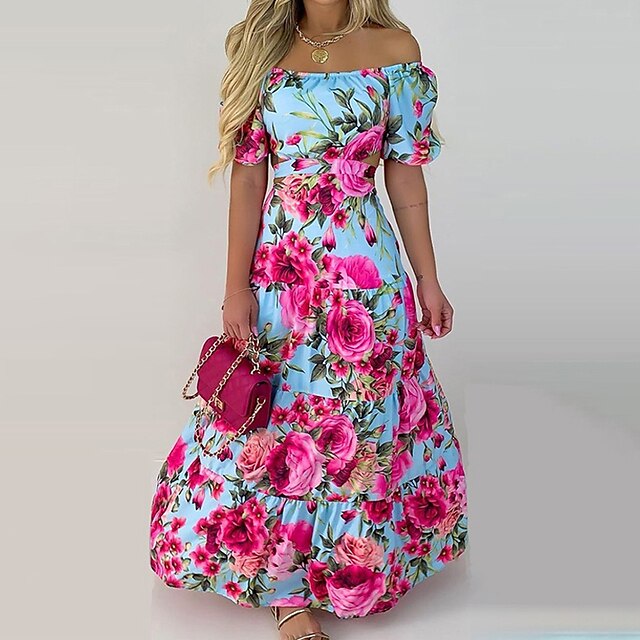 

Women's Sheath Dress Maxi long Dress Pink Short Sleeve Floral Print Fall Summer Off Shoulder Stylish Casual 2022 S M L XL