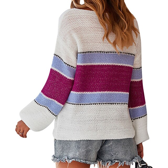 Womens Clothing Sweaters & Cardigans | Womens Pullover Sweater Jumper crochet Knit Stripe Knitted Striped Crew Neck Stylish Casu