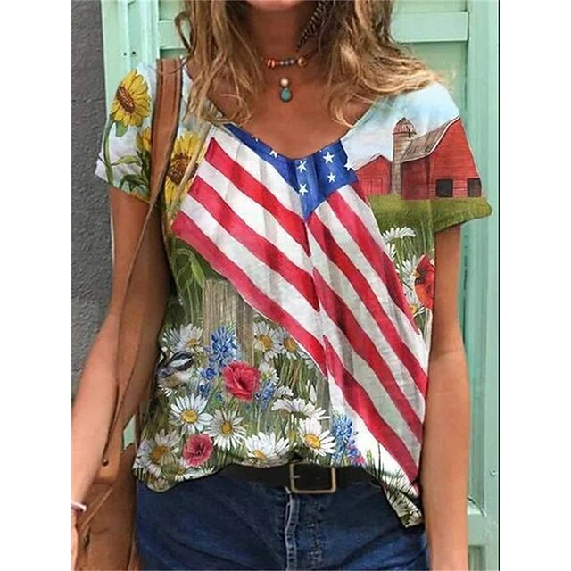

Women's Floral Theme T shirt Floral Plants Flag Print V Neck Basic Tops Rainbow / 3D Print