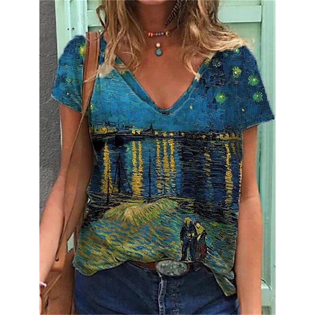 

Women's T shirt Scenery V Neck Basic Tops Blue / 3D Print