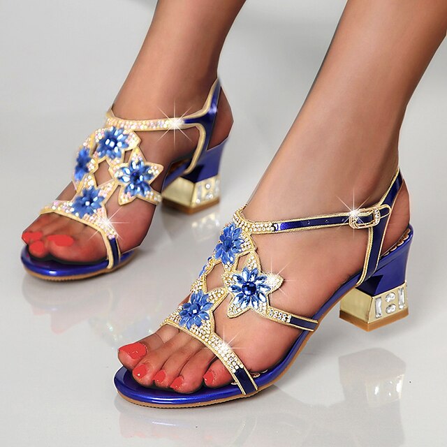  Women's Sandals Plus Size Sparkly Sandals Daily Summer Rhinestone Crystal Flare Heel Open Toe Casual Faux Leather Buckle Floral Blue Purple Gold