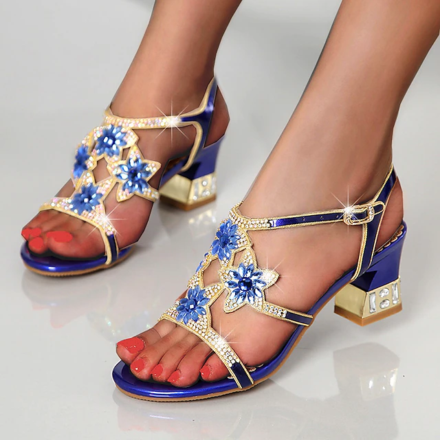 Blue Women's Sandals with Decorative Flower Embellishments and Mid Heel for Elegant and Special Occasions 13