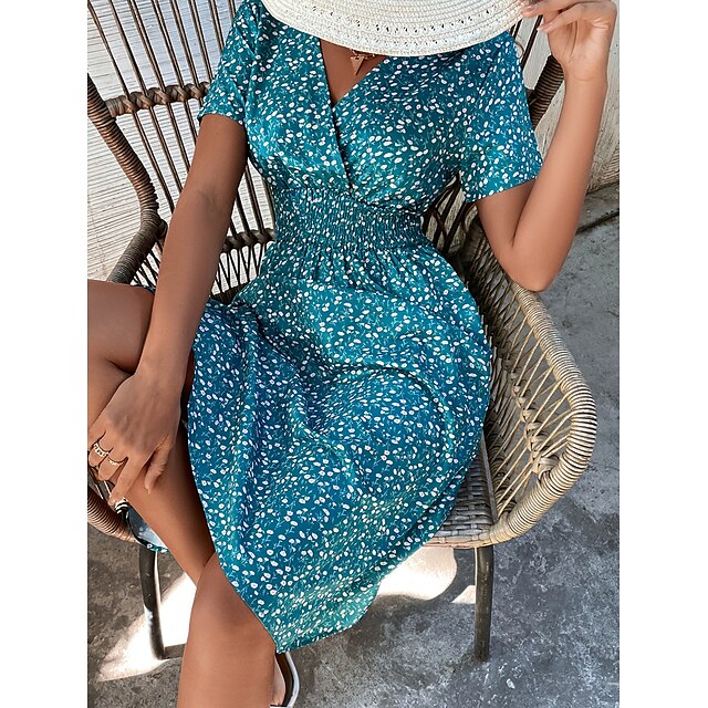 

Women's A Line Dress Midi Dress Wine Dark Green Dark Blue Short Sleeve Floral Print Summer V Neck Stylish 2022 S M L XL