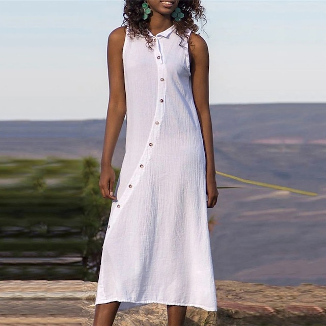 

Women's A Line Dress Midi Dress White Black Gray Purple Wine Sleeveless Pure Color Button Spring Summer Shirt Collar Stylish Basic Casual 2022 S M L XL XXL