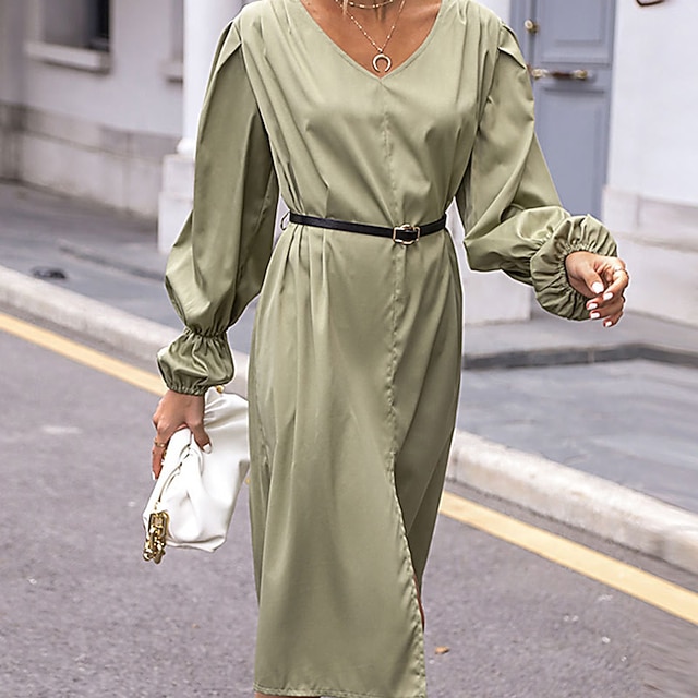 

Women's Shift Dress Knee Length Dress Green Long Sleeve Pure Color Ruched Spring Summer V Neck Elegant Classic 2022 S M L