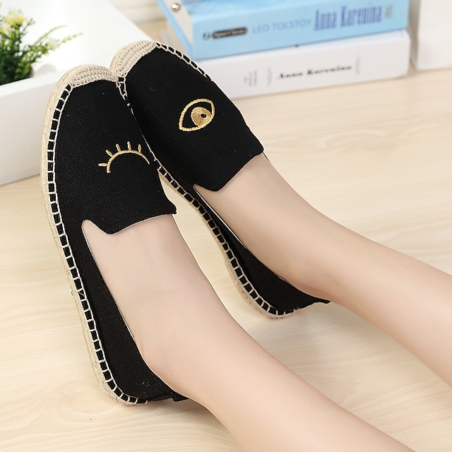 

Women's Slip-Ons Espadrilles Loafer Mules Flat Heel Round Toe Casual Minimalism Daily Walking Shoes Canvas Linen Loafer Spring Summer Embroidered Almond Black Blue