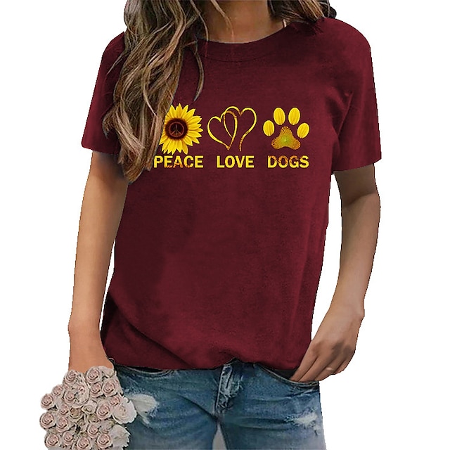 

Women's Floral Theme Painting Couple T shirt Heart Sunflower Peace Love Print Round Neck Basic Tops White Black Gray