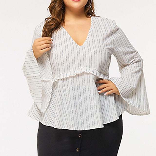 

Women's Plus Size Tops Shirt Striped Ruffle Print Long Sleeve V Neck Streetwear Daily Going out Polyester Spring Summer White