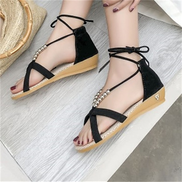 Shoes & Bags Womens Shoes | Womens Sandals Wedge Heel Open Toe Sweet Daily Nubuck Lace-up Spring Summer Solid Colored Black - PW