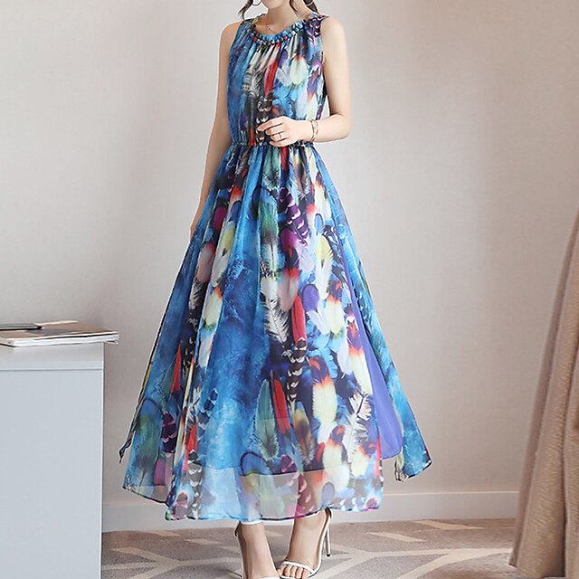 

Women's A Line Dress Midi Dress Blue Sleeveless Floral Print Spring Summer Round Neck Elegant Vacation Modern 2022 S M L XL XXL