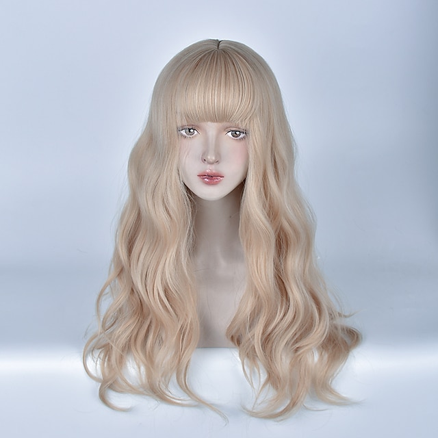  syntetisk hår damemelk blond lang krøllet cosplay parykk med smell varmebestandig parykk