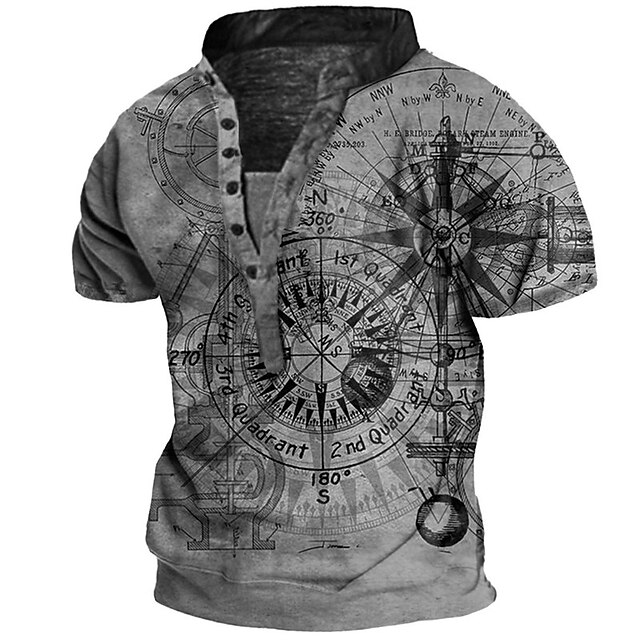 

Men's Henley Shirt Tee T shirt 3D Print Graphic Machine Henley Casual Daily Button-Down Print Short Sleeve Tops Fashion Vintage Retro Big and Tall Gray
