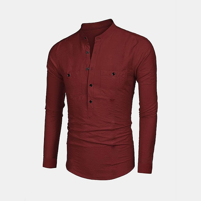 Mens Clothing Mens Shirts | Mens Shirt Solid Color Stand Collar Party Casual Button-Down Long Sleeve Tops Casual Streetwear Blac