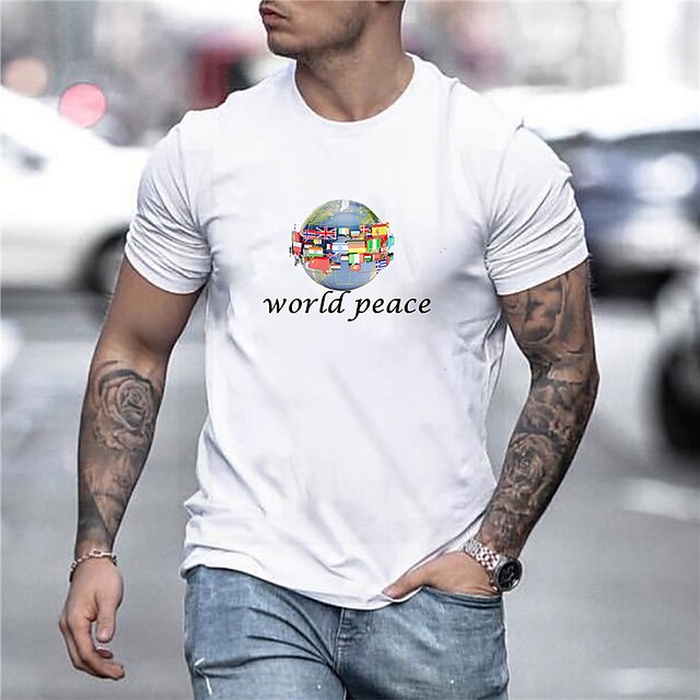 

Men's Unisex T shirt Hot Stamping Graphic Prints Earth Letter Crew Neck World Peace Casual Daily Print Short Sleeve Tops Basic Designer Big and Tall Sports White