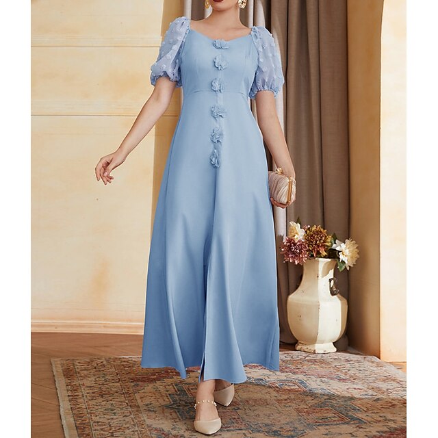 

Women's A Line Dress Maxi long Dress Blue Short Sleeve Pure Color Chiffon Spring Summer V Neck Elegant Luxurious Elegant Cap Sleeve Mesh S M L XL