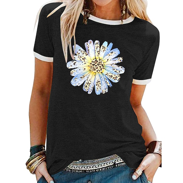 

Women's T shirt Floral Daisy Patchwork Print Round Neck Basic Tops Green Blue Black