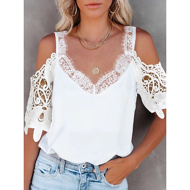 

Women's T shirt Plain Lace Cold Shoulder V Neck Basic Tops White