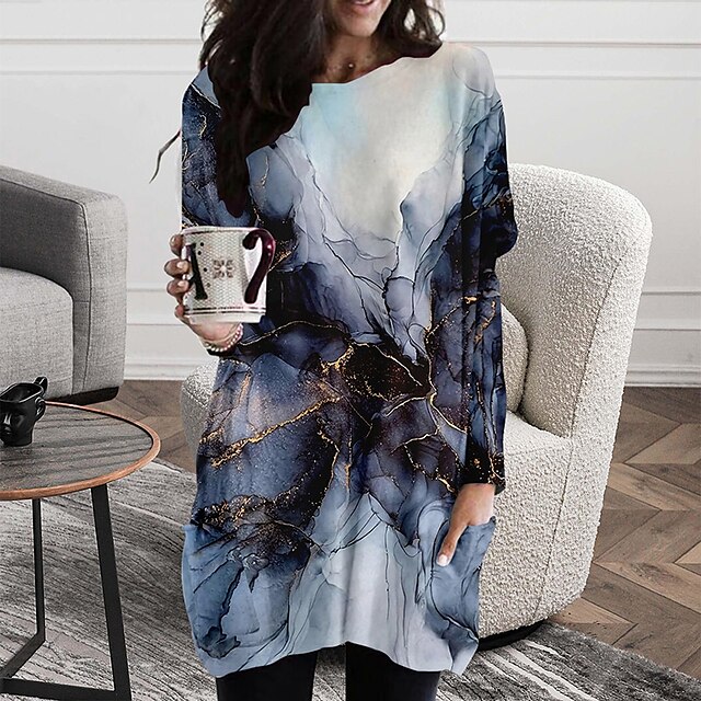 

Women's Shift Dress Short Mini Dress Blue Long Sleeve Color Gradient Pocket Print Spring Summer Round Neck Casual 2022 XS S M L XL XXL 3XL 4XL