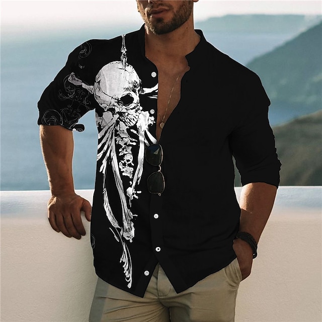 

Men's Shirt 3D Print Skull Stand Collar Casual Daily Button-Down Print Long Sleeve Tops Casual Fashion Designer Comfortable Black