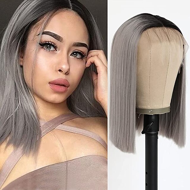 

Synthetic Lace Wig kinky Straight Style 10-18 inch Dark Gray Bob 132.5 lace front Wig Women's Wig Black / Gray