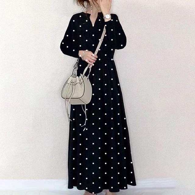 

Women's A Line Dress Maxi long Dress Black Long Sleeve Polka Dot Print Spring Summer V Neck Casual Modern 2022 One-Size