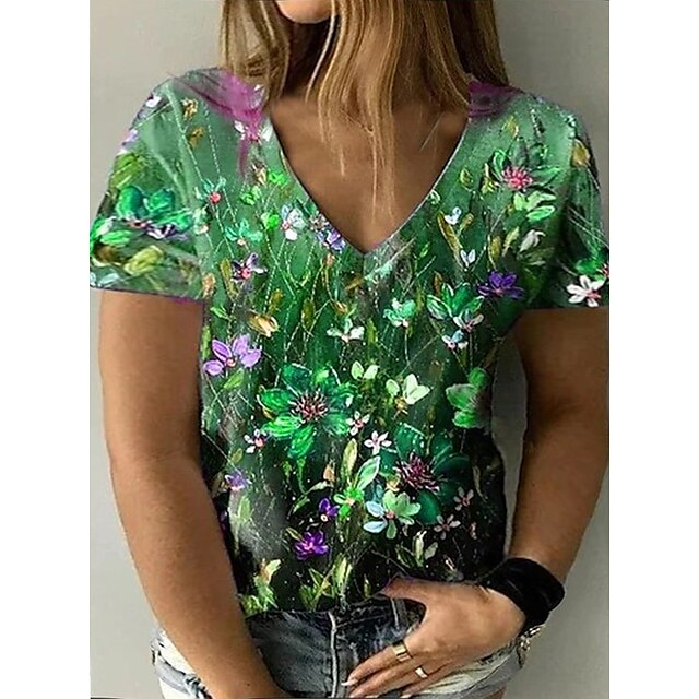 

Women's Plus Size Tops T shirt Floral Print Short Sleeve V Neck Streetwear Daily Going out Cotton Blend Spring Summer Green Blue