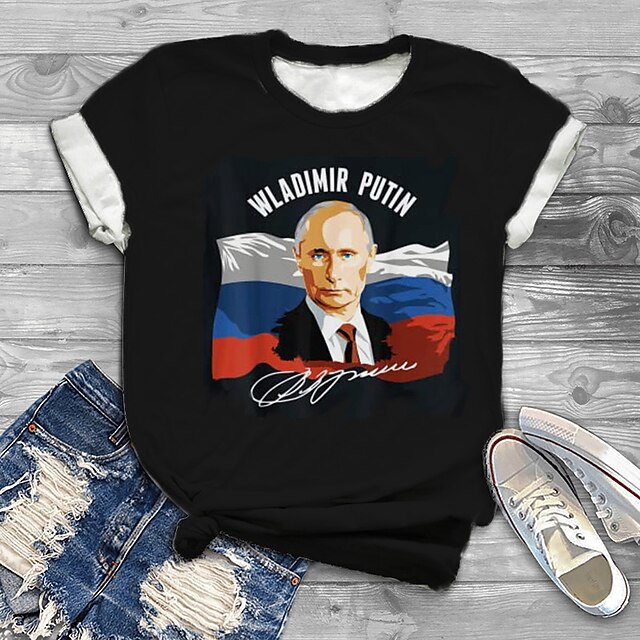 

Women's Plus Size Tops T shirt Portrait Flag Print Short Sleeve Crewneck Basic Streetwear Daily Sports Cotton Spandex Jersey Summer Black