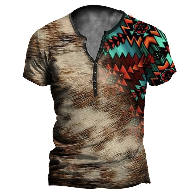 

Men's Henley Shirt T shirt 3D Print Graphic Tribal Flag Henley Casual Daily Button-Down Print Short Sleeve Tops Casual Vintage Classic Designer Wine Light Brown Brown