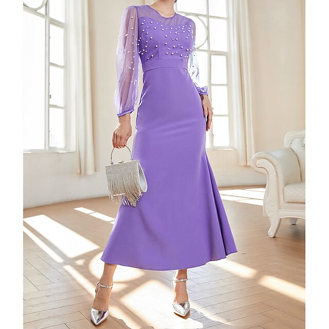 

Women's A Line Dress Maxi long Dress Purple Long Sleeve Pure Color Chiffon Spring Summer V Neck Elegant Luxurious Elegant Puff Sleeve Mesh S M L XL / Party Dress