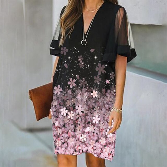 

Women's Shift Dress Knee Length Dress Green Gray Purple Pink Short Sleeve Floral Mesh Print Spring Summer V Neck Work Casual 2022 S M L XL XXL 3XL