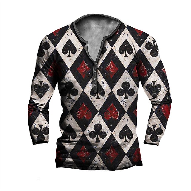 

Men's Henley Shirt T shirt 3D Print Graphic Poker Henley Casual Daily Button-Down Print Long Sleeve Tops Casual Vintage Classic Designer Black